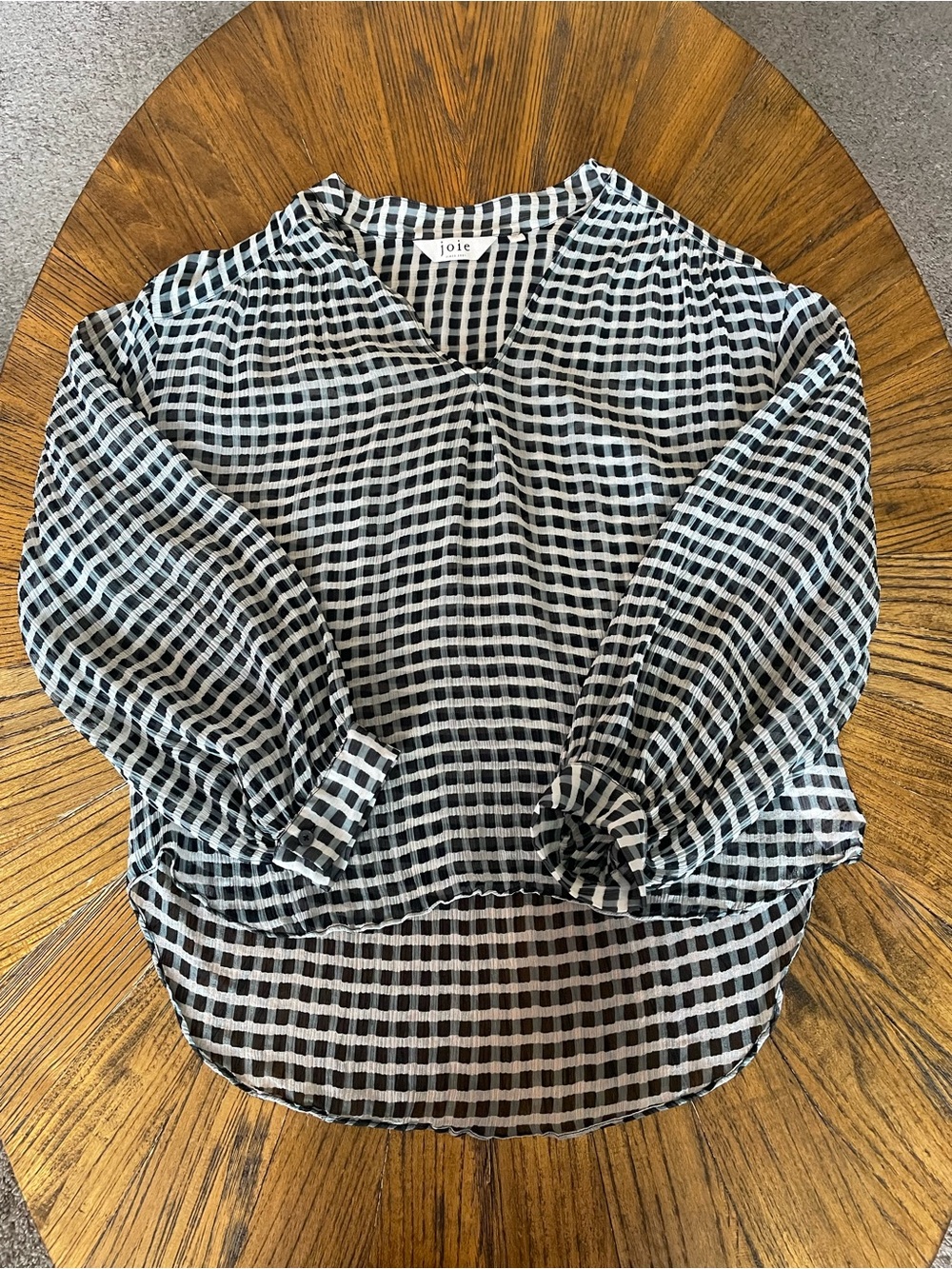 Joie Navy, Gray & White Gingham V-Neck 100% Silk Blouse